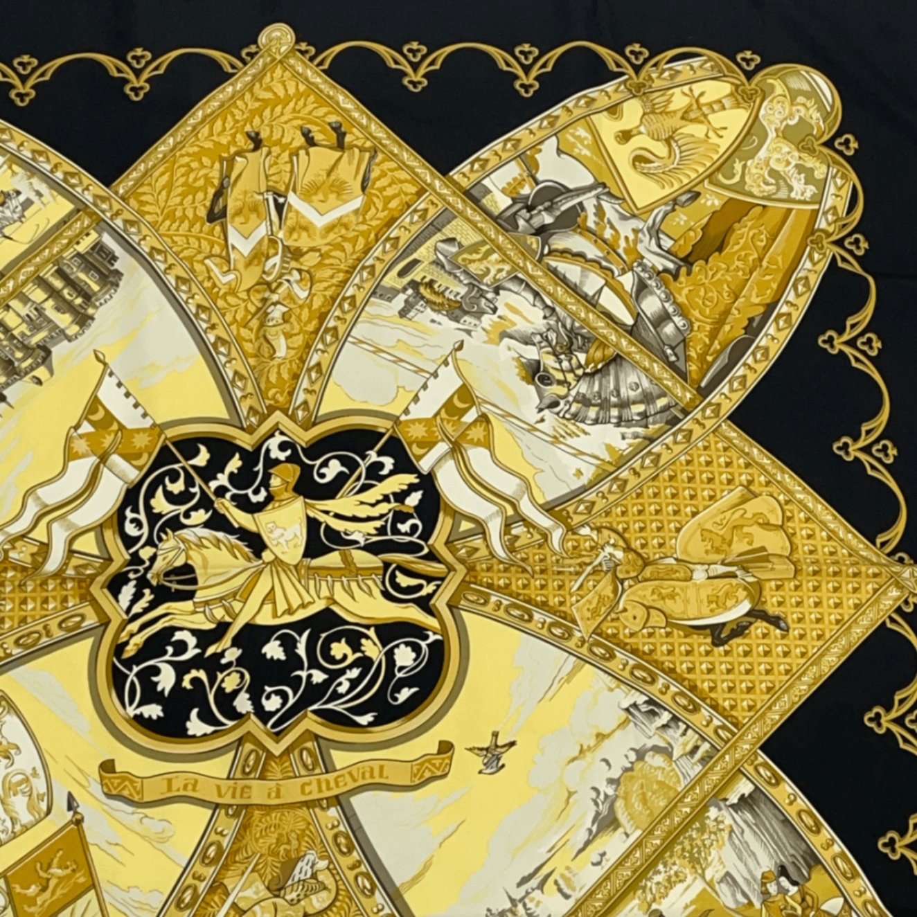 Hermes Scarf Carre 90 Scene With Horses la Vie A Cheval Gold Black