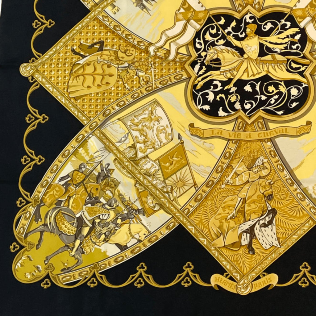 Hermes Scarf Carre 90 Scene With Horses la Vie A Cheval Gold Black