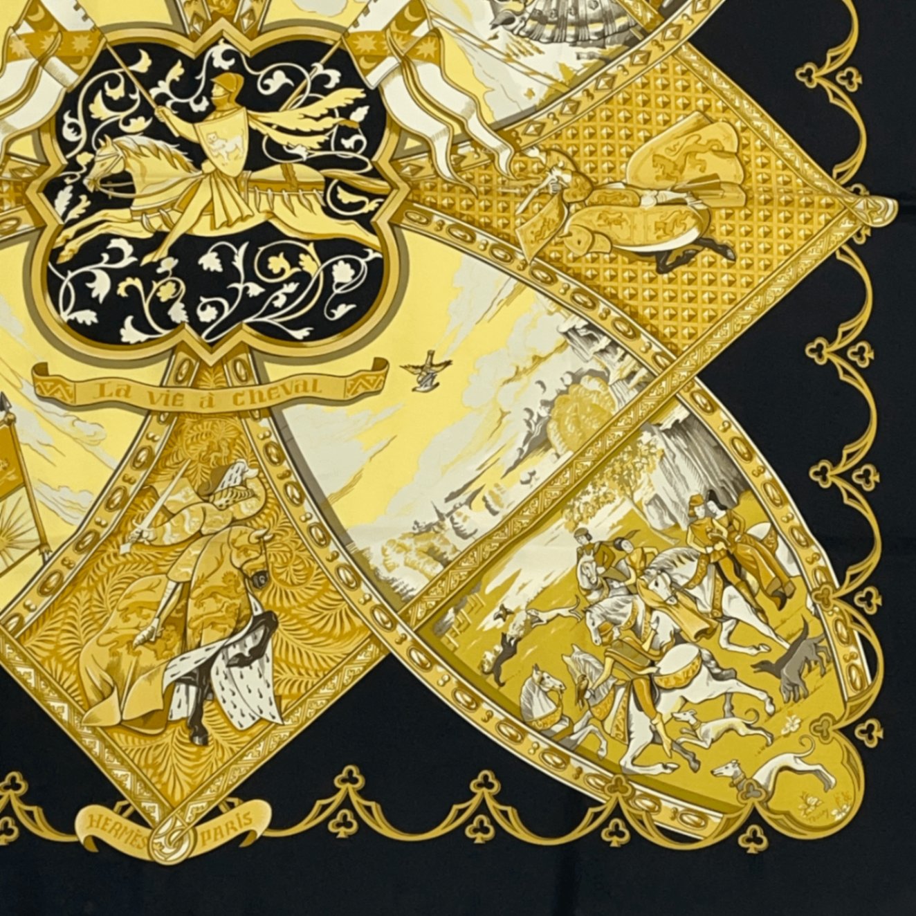 Hermes Scarf Carre 90 Scene With Horses la Vie A Cheval Gold Black