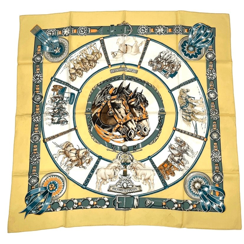 Hermes Carre 90 Chevaux de Trait Draft Horse Scarf Silk Yellow