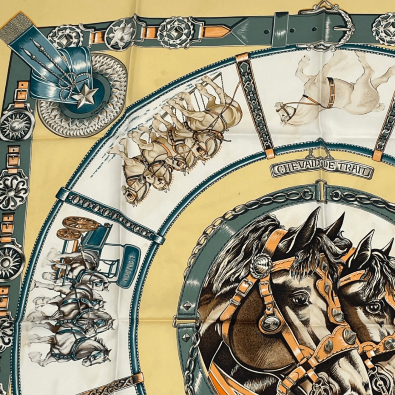 Hermes Carre 90 Chevaux de Trait Draft Horse Scarf Silk Yellow