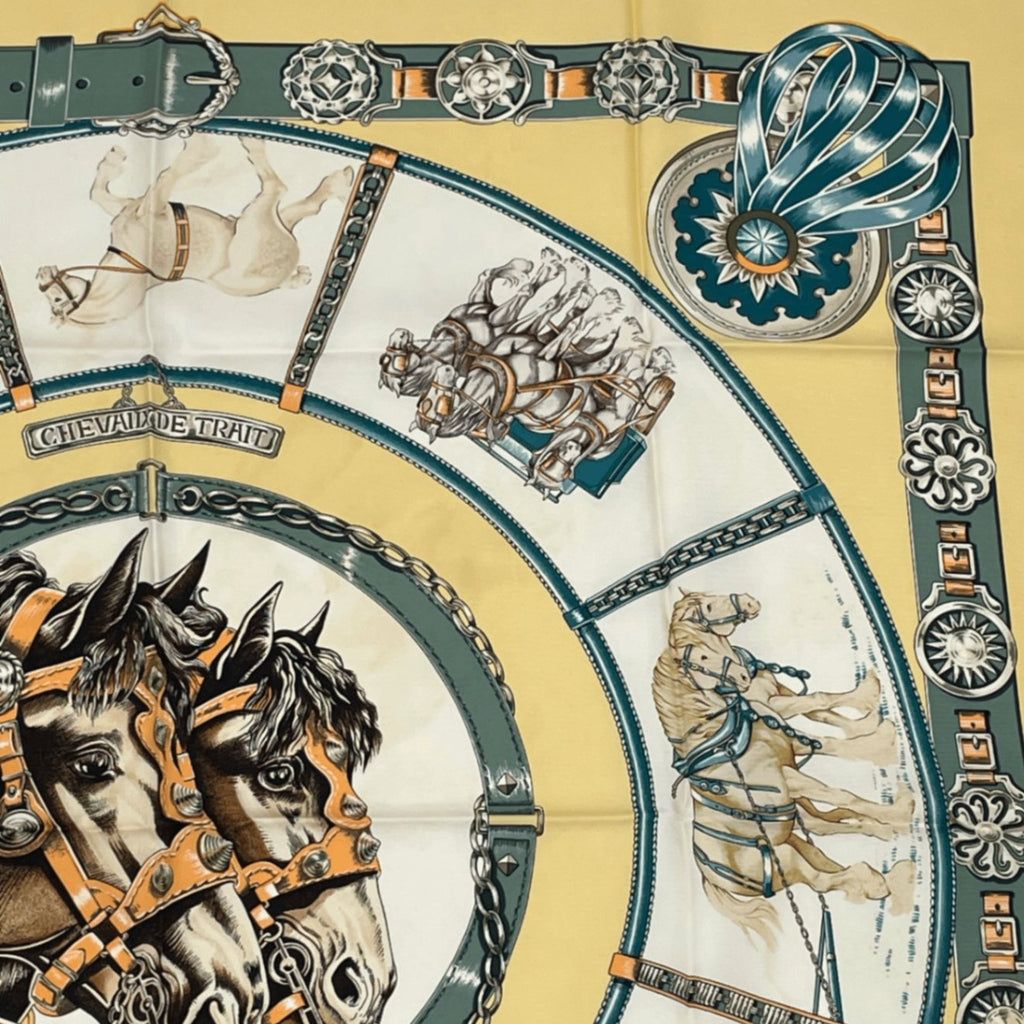 Hermes Carre 90 Chevaux de Trait Draft Horse Scarf Silk Yellow