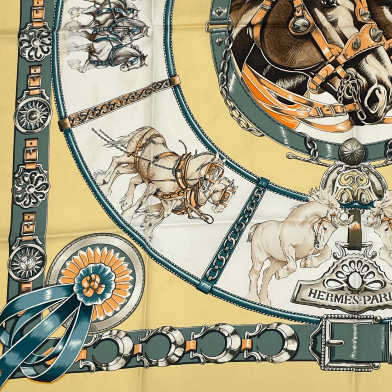 Hermes Carre 90 Chevaux de Trait Draft Horse Scarf Silk Yellow