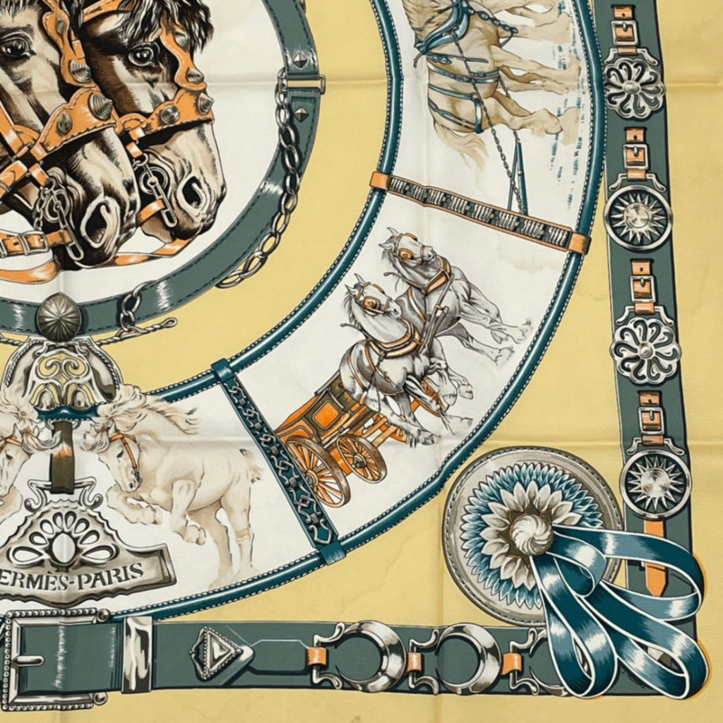 Hermes Carre 90 Chevaux de Trait Draft Horse Scarf Silk Yellow