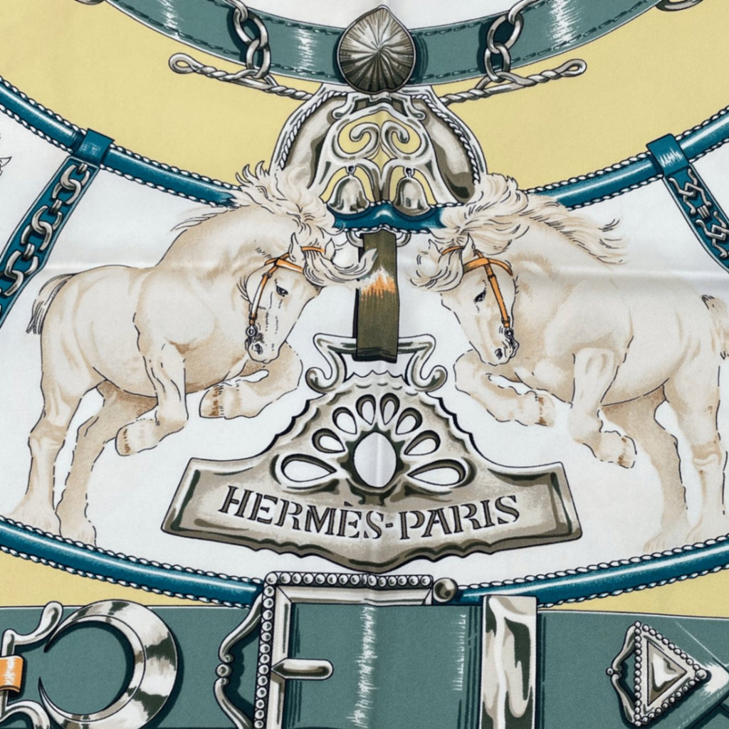 Hermes Carre 90 Chevaux de Trait Draft Horse Scarf Silk Yellow