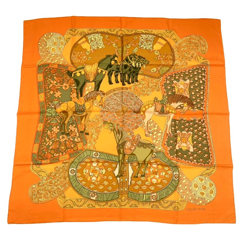 Hermes Carre 90 Art Des Steppes Step Art Horse Scarf Silk Orange