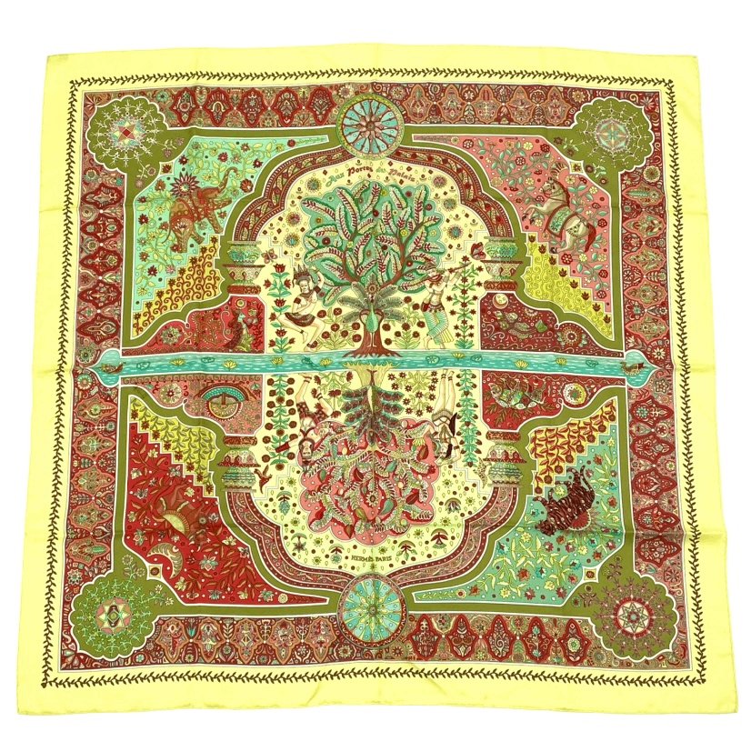 Hermes Carre 90 Silk Scarf Aux Portes du Palais Royal Palace Door Green