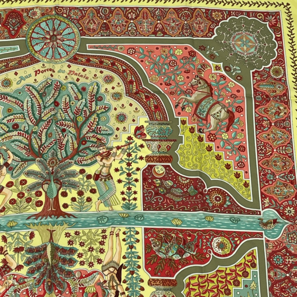 Hermes Carre 90 Silk Scarf Aux Portes du Palais Royal Palace Door Green