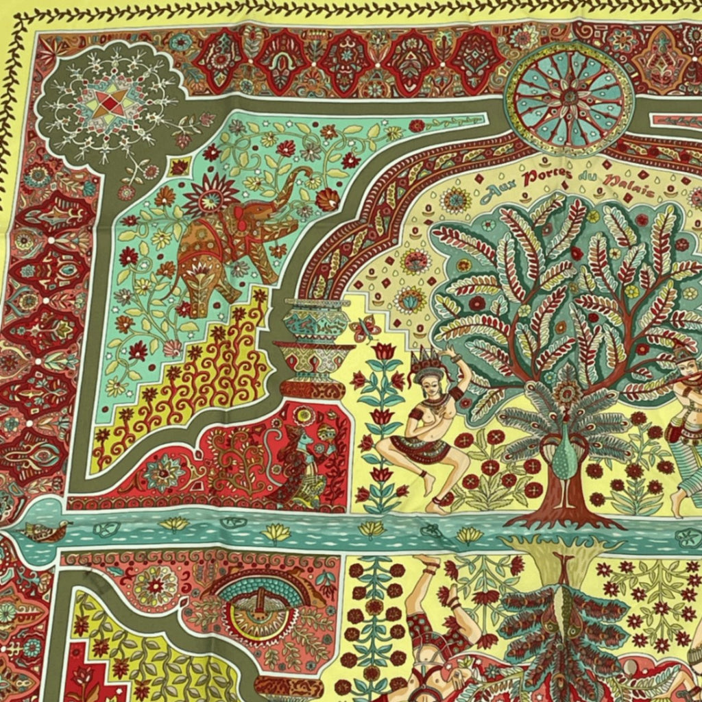 Hermes Carre 90 Silk Scarf Aux Portes du Palais Royal Palace Door Green