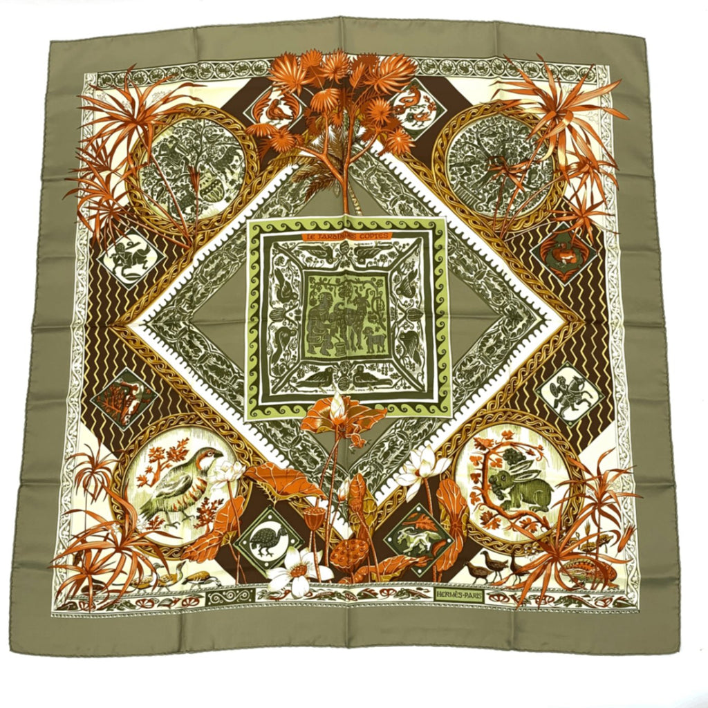 Hermes Carre 90 Silk Scarf le Jardin Des Coptes Coptic Garden Green