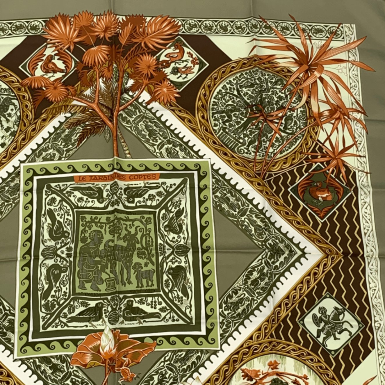Hermes Carre 90 Silk Scarf le Jardin Des Coptes Coptic Garden Green