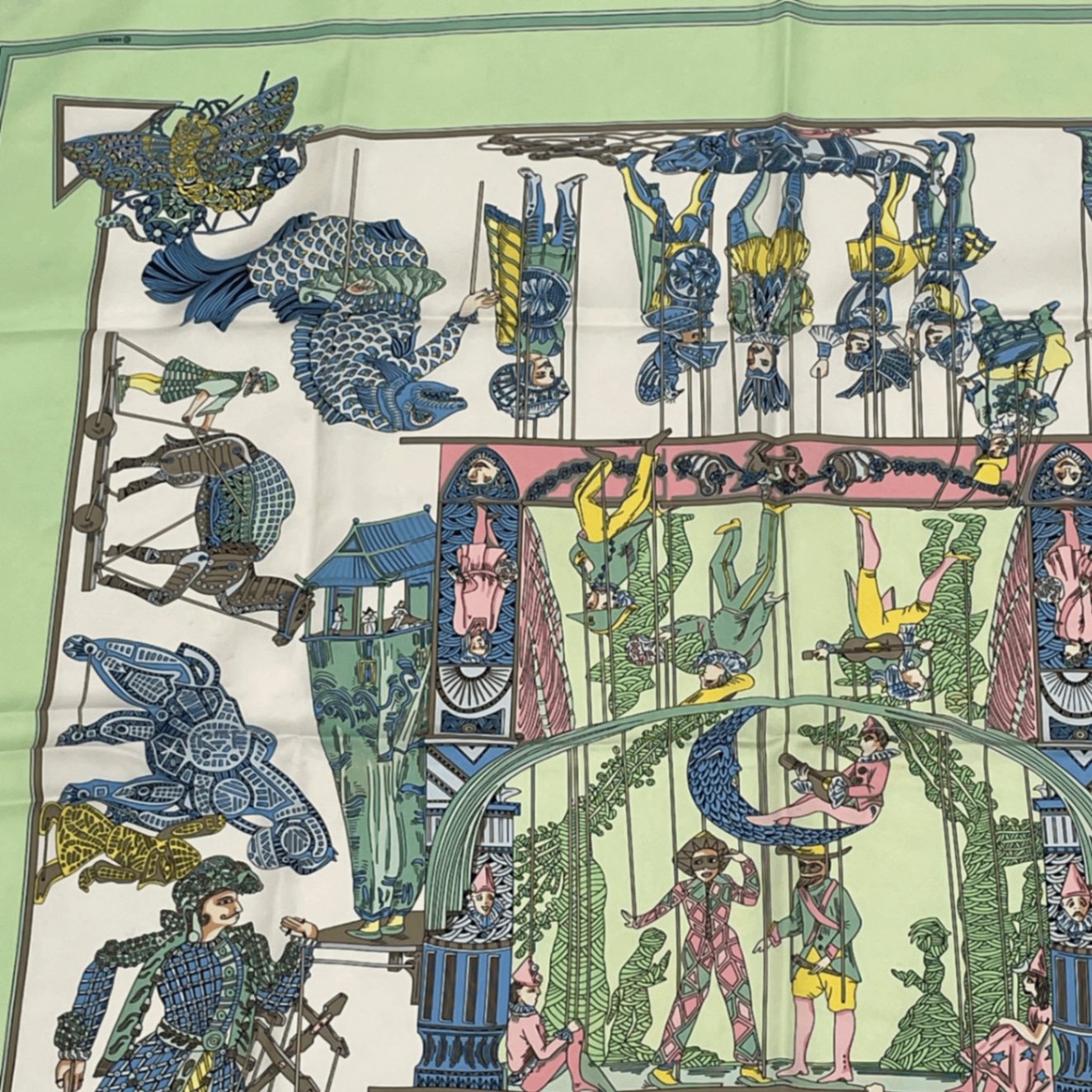 Hermes Carre 90 le Temps Des Marionnettes Marionette Time Silk Scarf Green