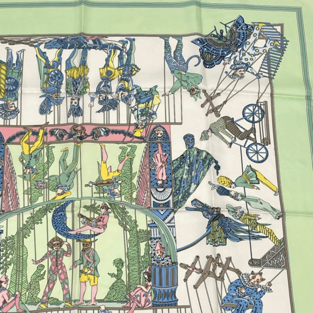 Hermes Carre 90 le Temps Des Marionnettes Marionette Time Silk Scarf Green