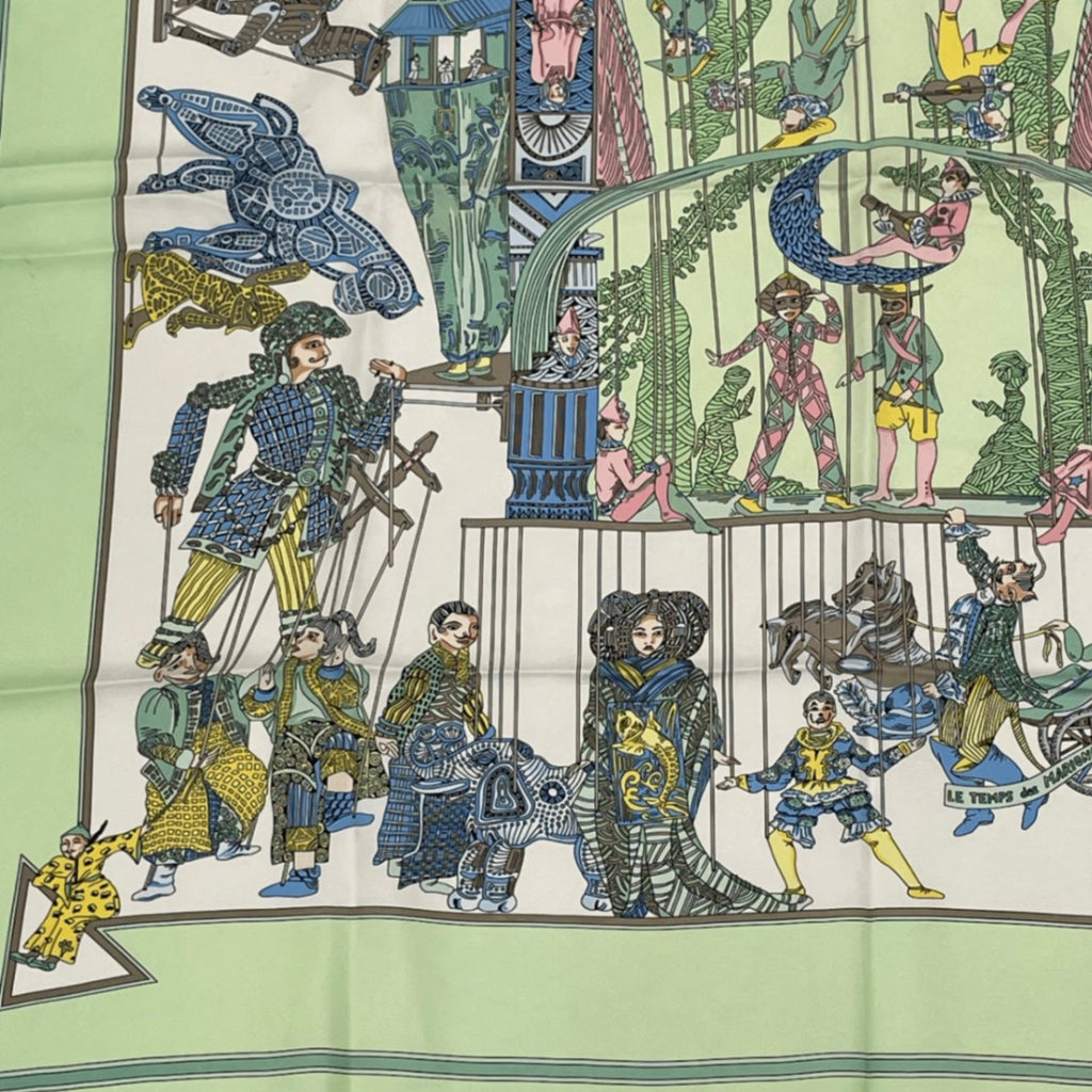 Hermes Carre 90 le Temps Des Marionnettes Marionette Time Silk Scarf Green
