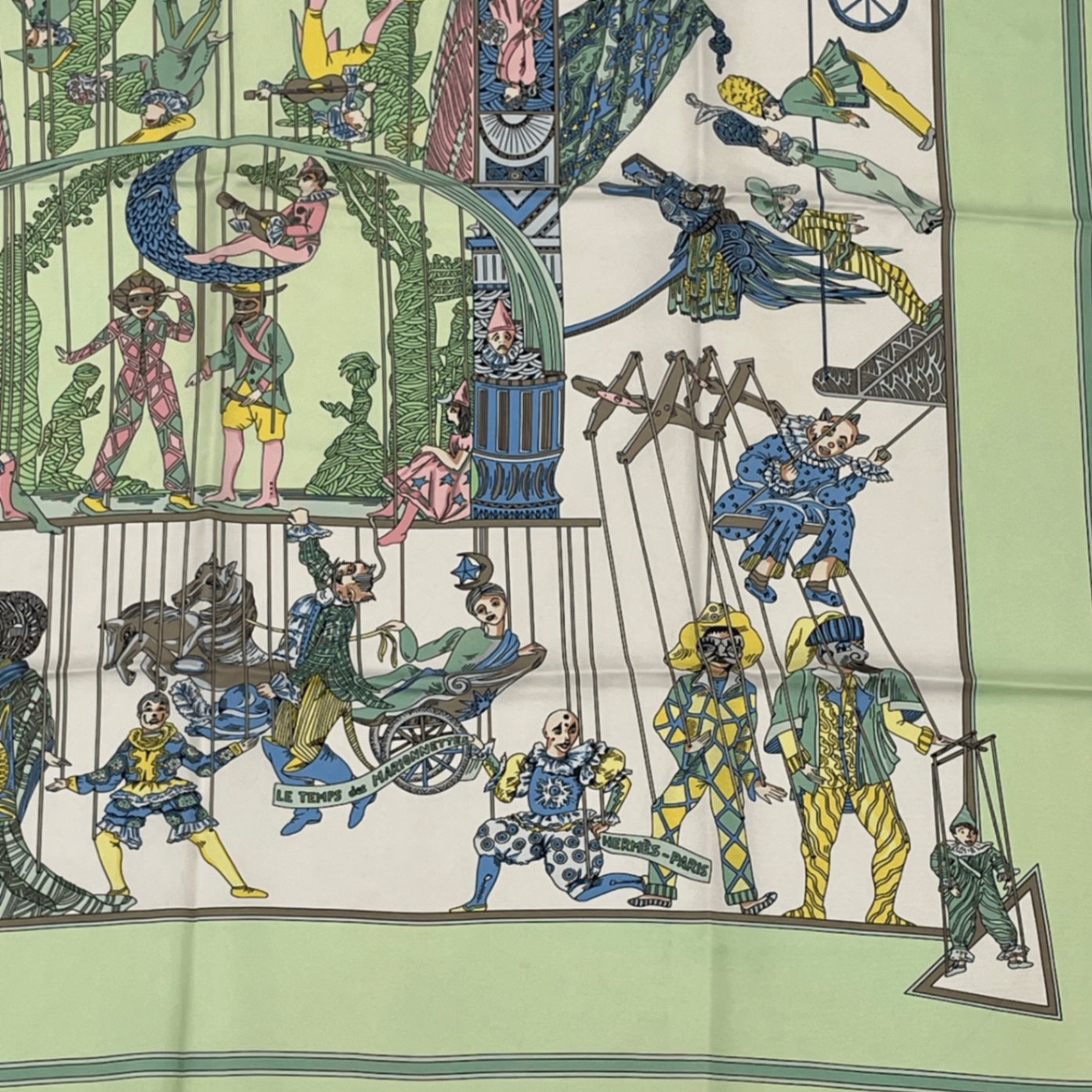 Hermes Carre 90 le Temps Des Marionnettes Marionette Time Silk Scarf Green