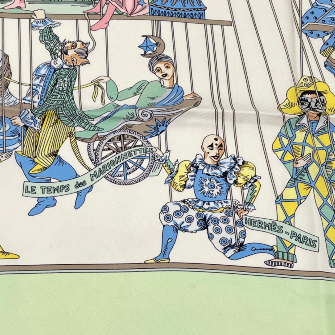 Hermes Carre 90 le Temps Des Marionnettes Marionette Time Silk Scarf Green