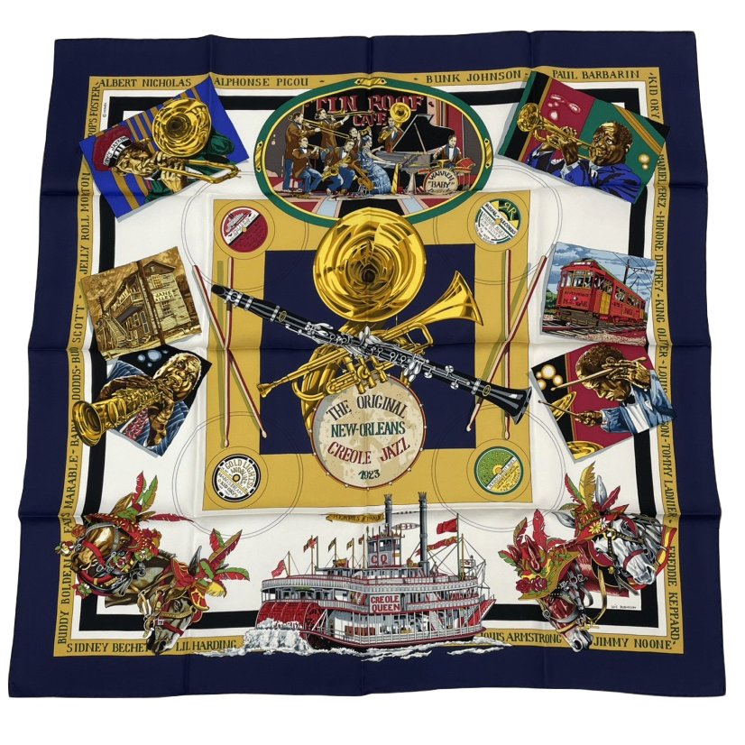 Hermes Scarf Carre 90 Silk The Original New Orleans Creole Jazz New Navy White