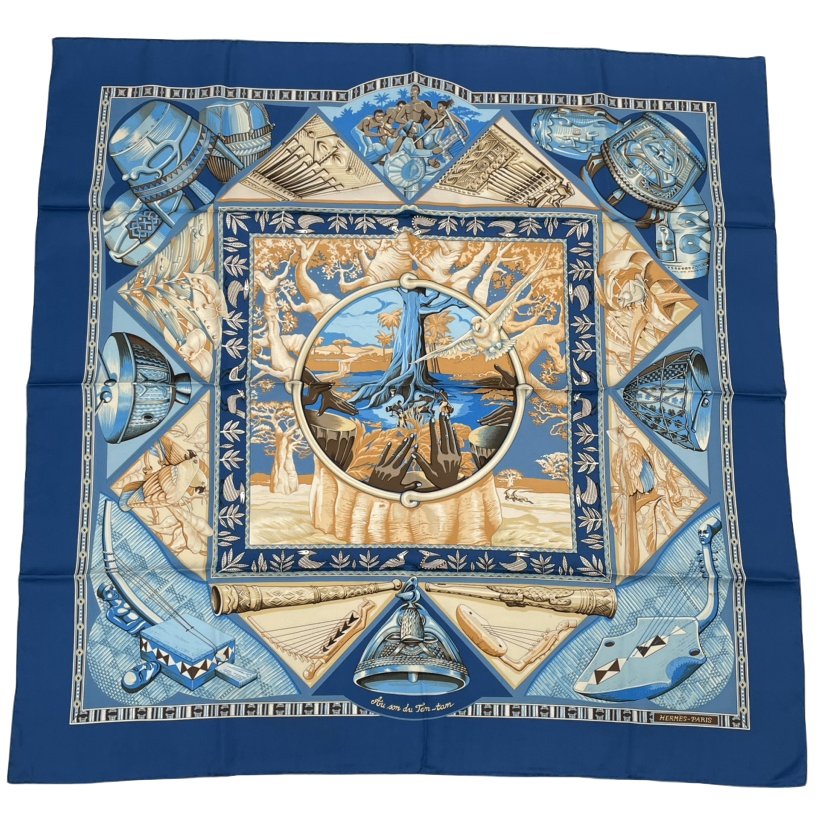 Hermes Scarf Carre 90 Au Son du Tam Silk Blue
