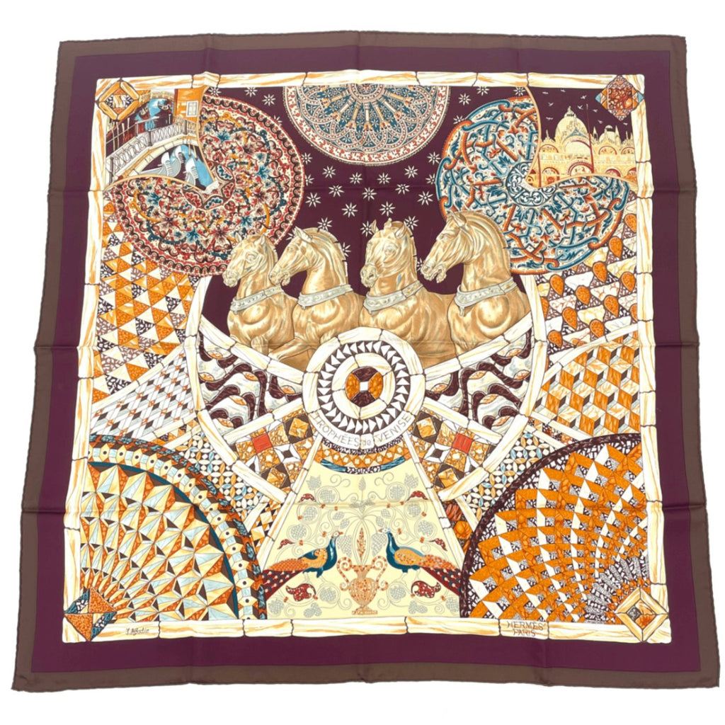Hermes Carre 90 Triumph Of Venice Trophees de Venise Scarf Silk Brown Horse