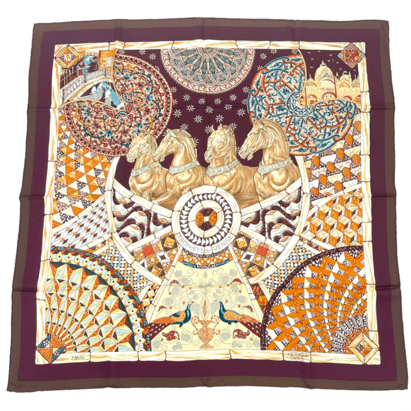 Hermes Carre 90 Triumph Of Venice Trophees de Venise Scarf Silk Brown Horse