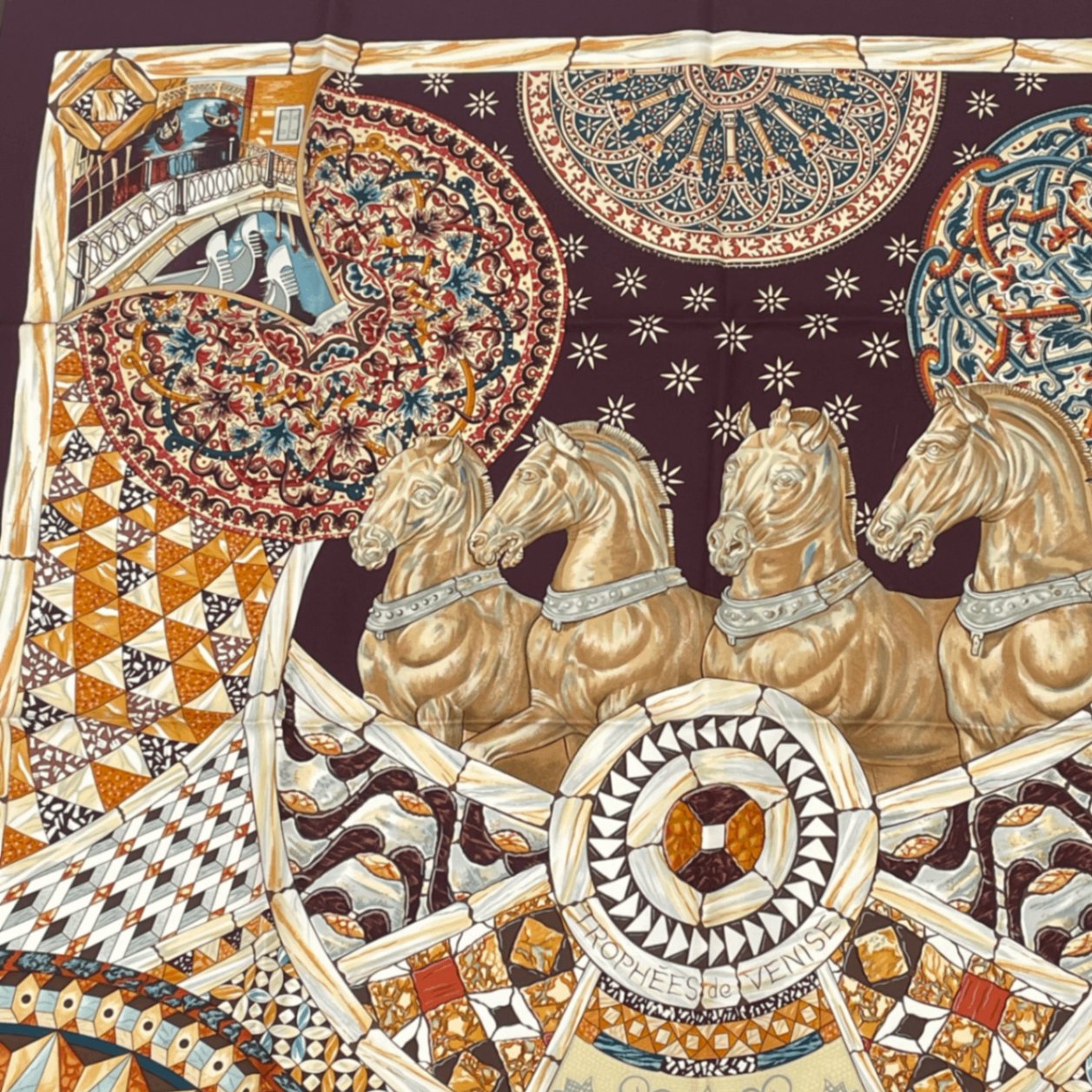 Hermes Carre 90 Triumph Of Venice Trophees de Venise Scarf Silk Brown Horse