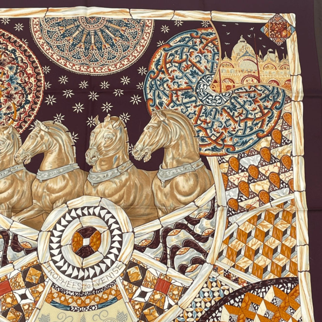 Hermes Carre 90 Triumph Of Venice Trophees de Venise Scarf Silk Brown Horse