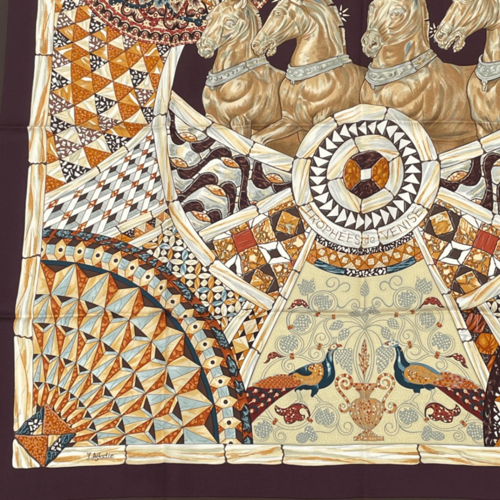 Hermes Carre 90 Triumph Of Venice Trophees de Venise Scarf Silk Brown Horse