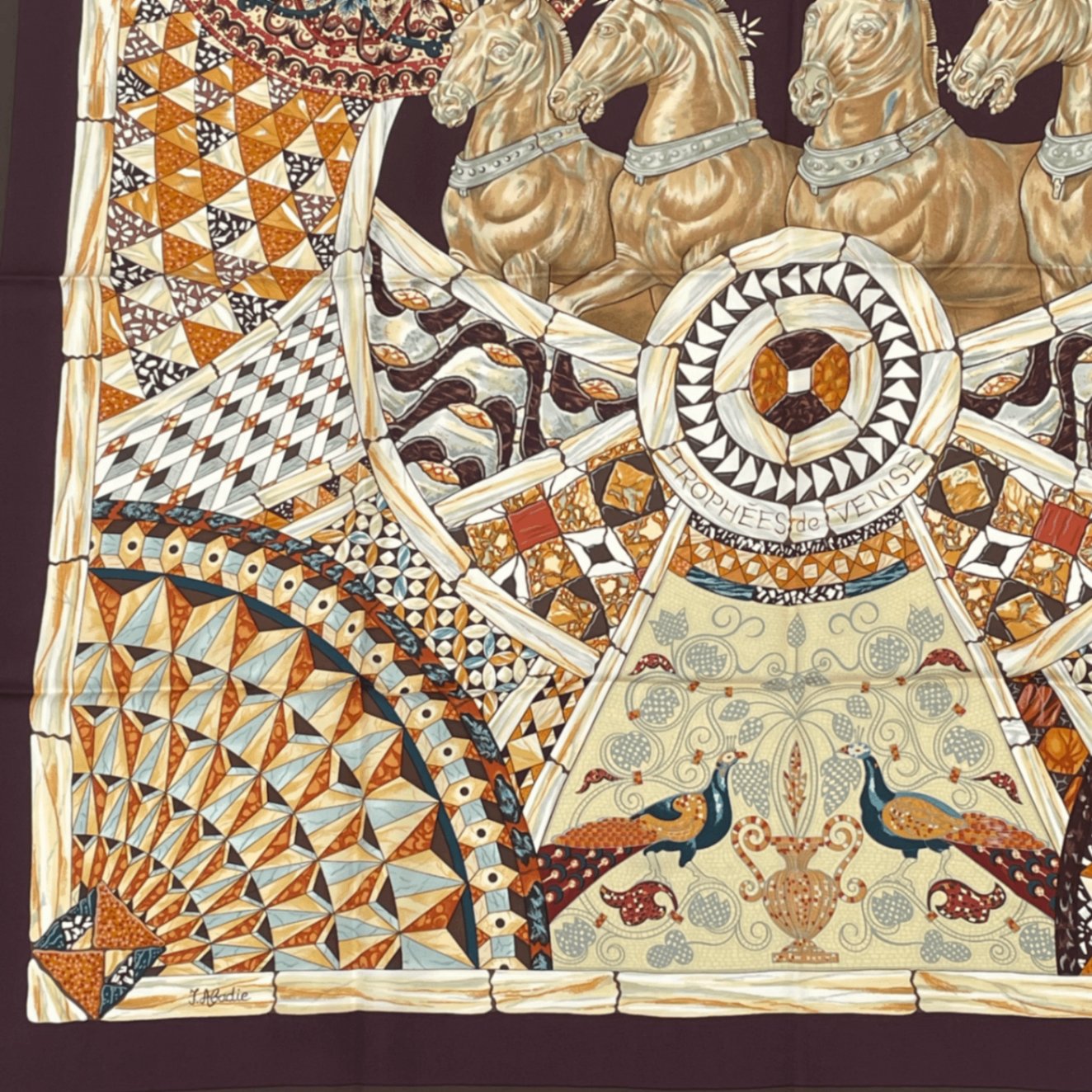 Hermes Carre 90 Triumph Of Venice Trophees de Venise Scarf Silk Brown Horse