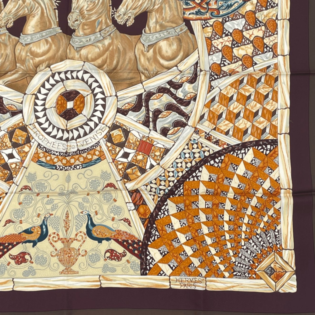 Hermes Carre 90 Triumph Of Venice Trophees de Venise Scarf Silk Brown Horse
