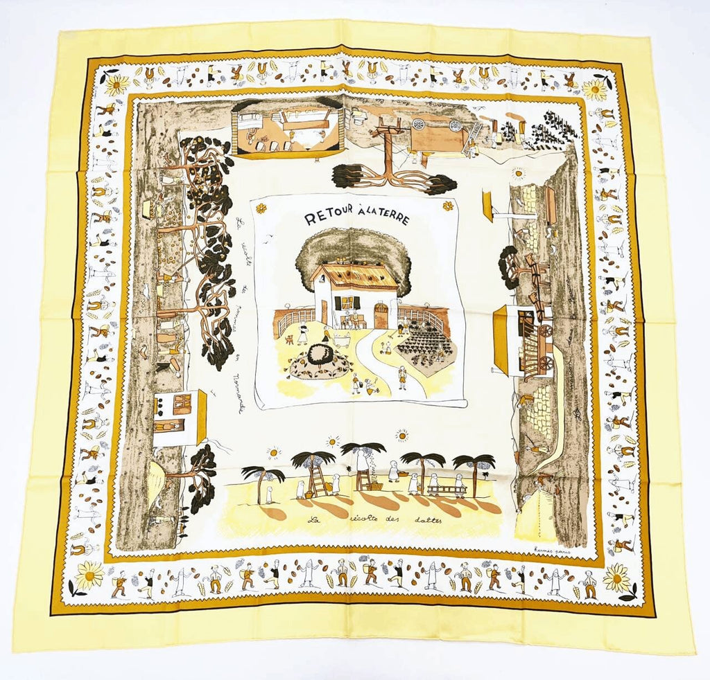 Hermes Carre 90 RE Tour A la Terre Return Yellow Silk 100% Scarf