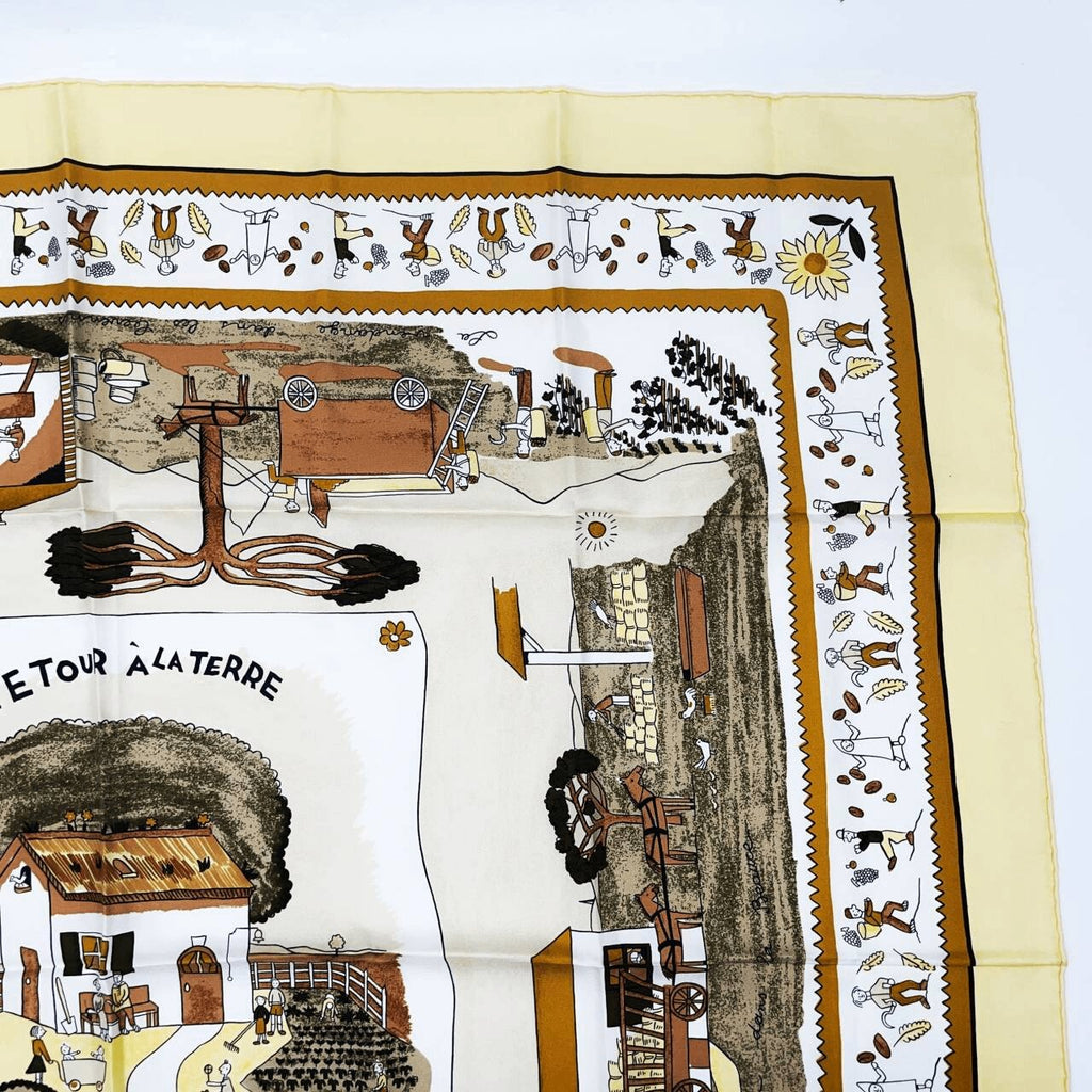 Hermes Carre 90 RE Tour A la Terre Return Yellow Silk 100% Scarf