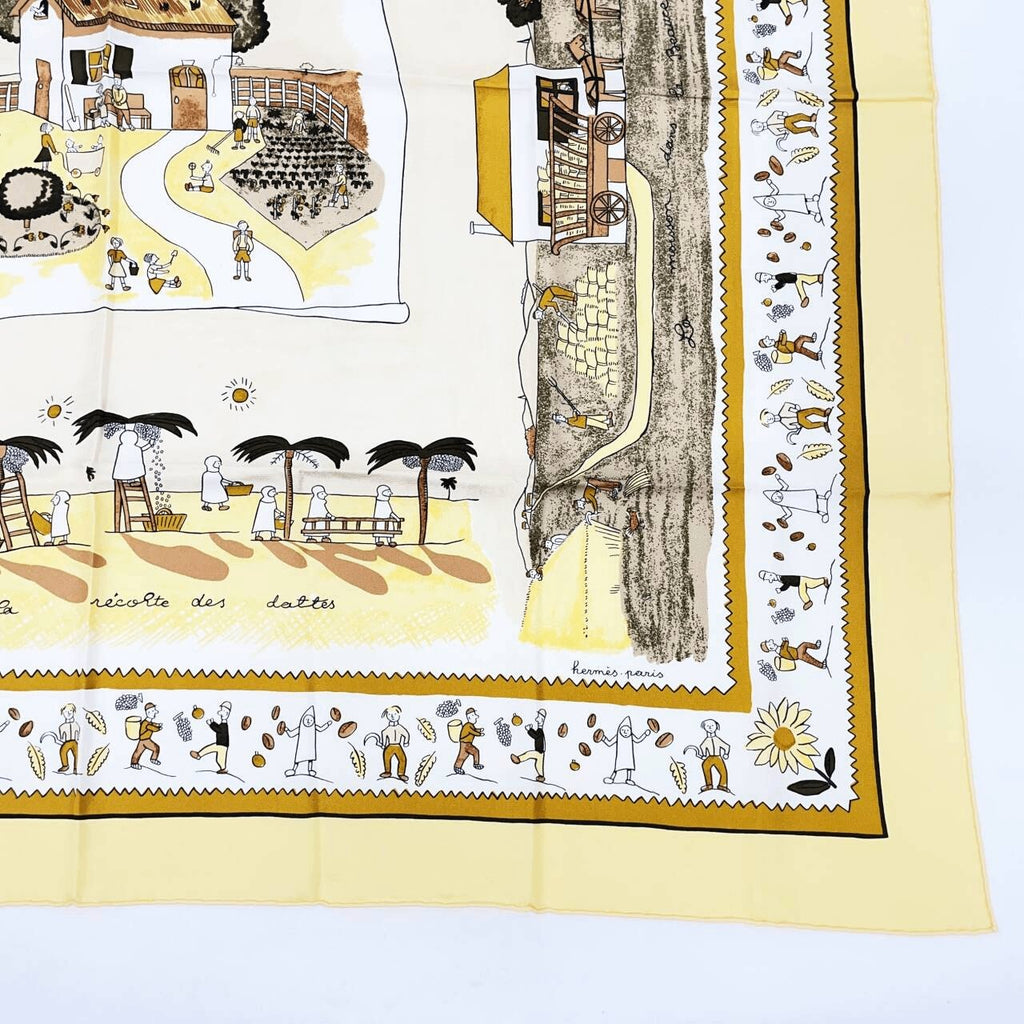 Hermes Carre 90 RE Tour A la Terre Return Yellow Silk 100% Scarf