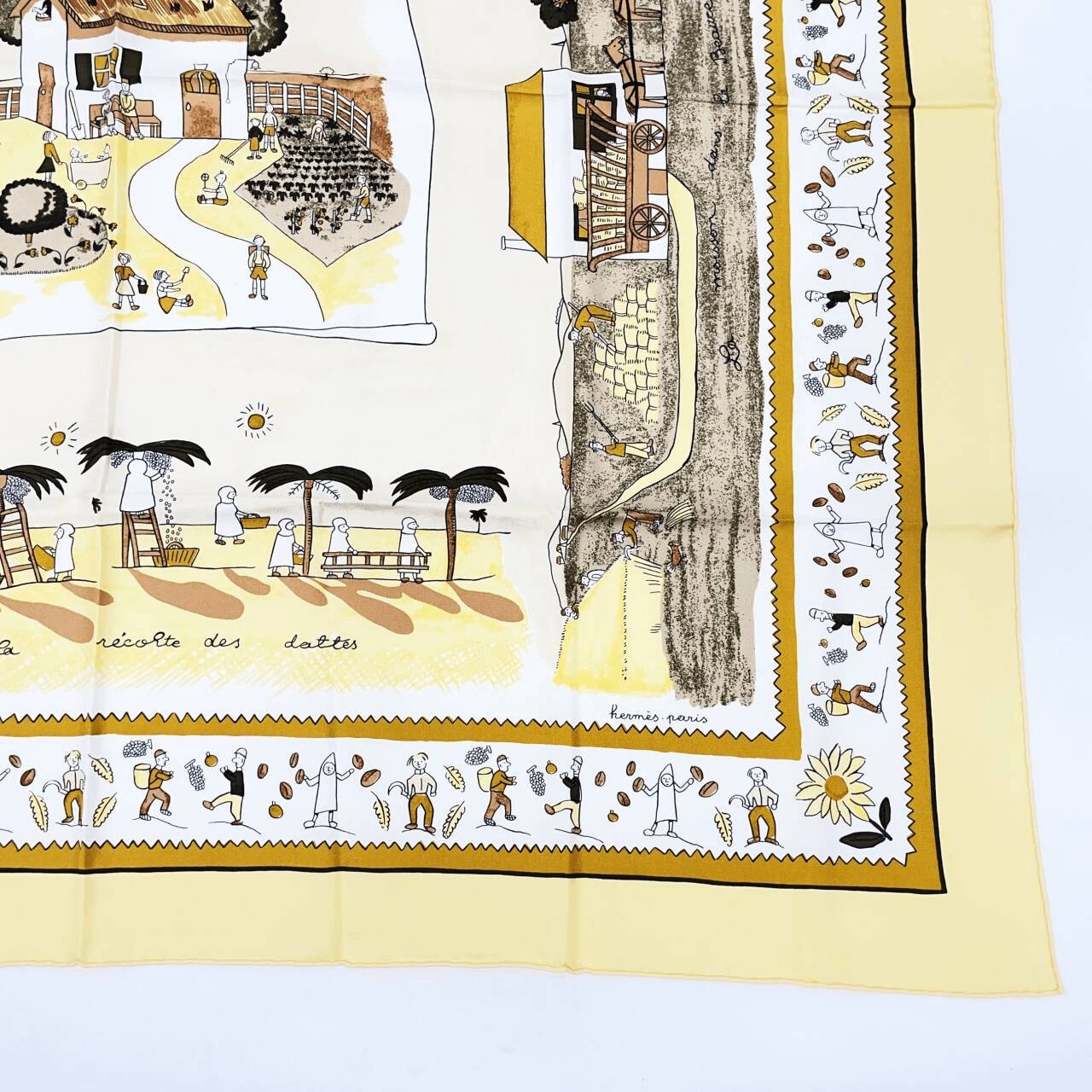 Hermes Carre 90 RE Tour A la Terre Return Yellow Silk 100% Scarf