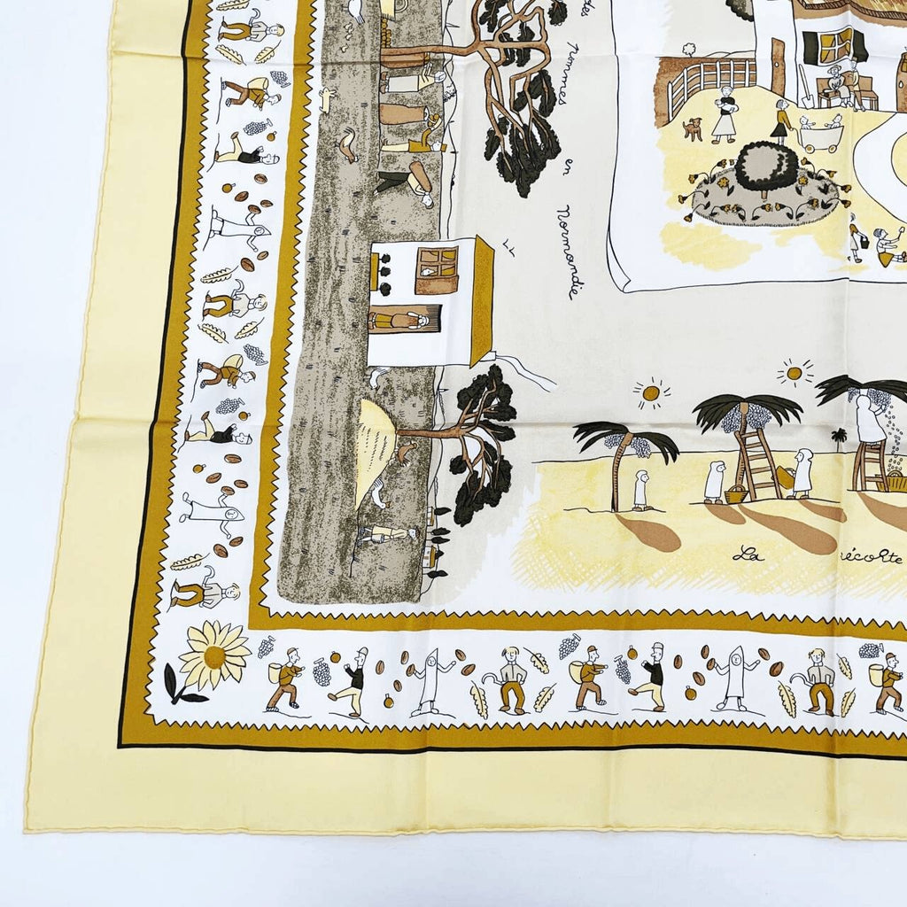 Hermes Carre 90 RE Tour A la Terre Return Yellow Silk 100% Scarf