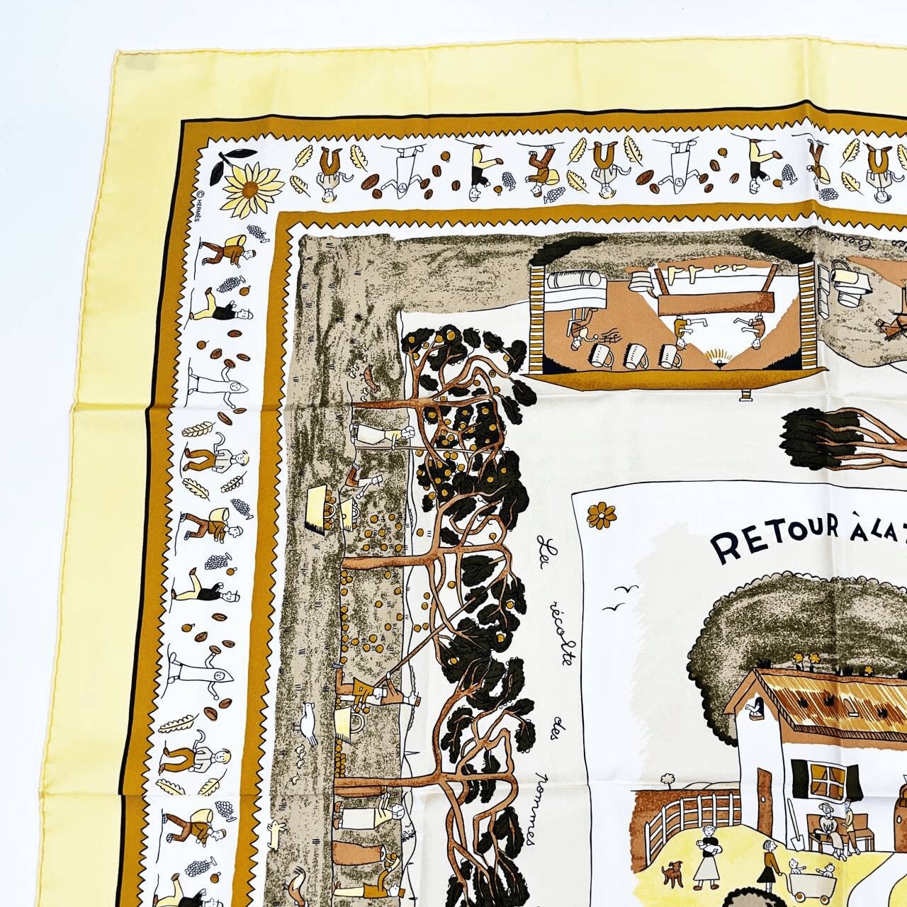 Hermes Carre 90 RE Tour A la Terre Return Yellow Silk 100% Scarf