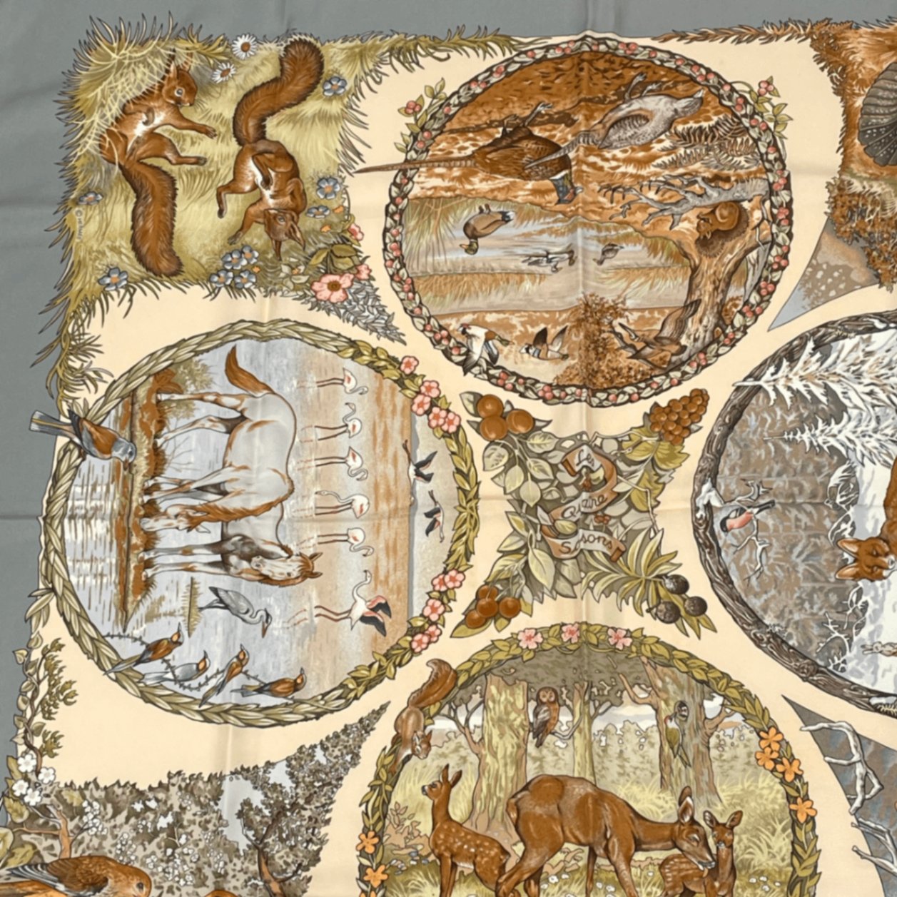 Hermes Carre 90 Les Quatre Saisons Four Seasons Brown Animal Flower Scarf Silk