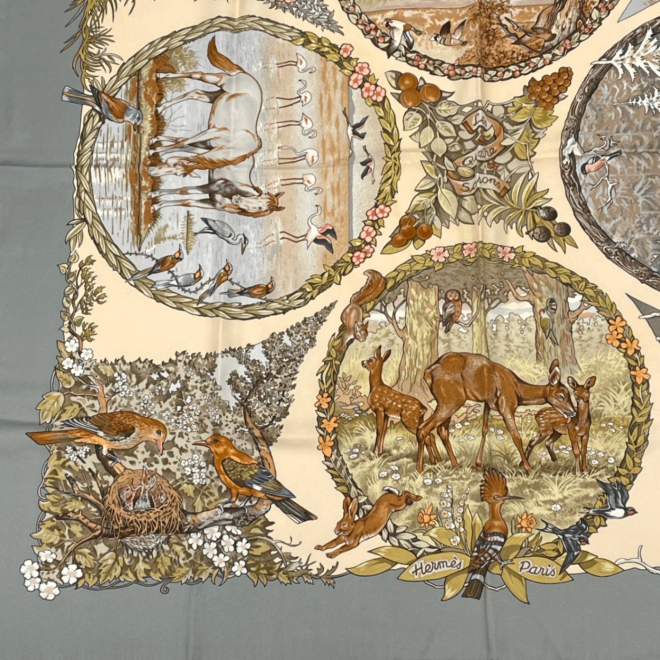 Hermes Carre 90 Les Quatre Saisons Four Seasons Brown Animal Flower Scarf Silk