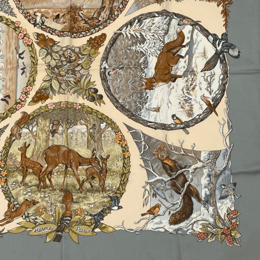 Hermes Carre 90 Les Quatre Saisons Four Seasons Brown Animal Flower Scarf Silk