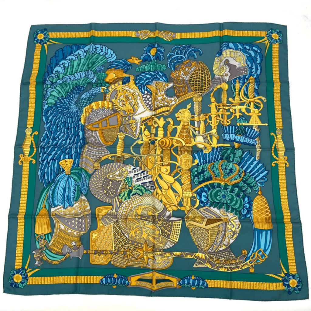 Hermes Scarf Carre 90 Armets Et Panache Feathered Cavalry Helmet Silk Blue