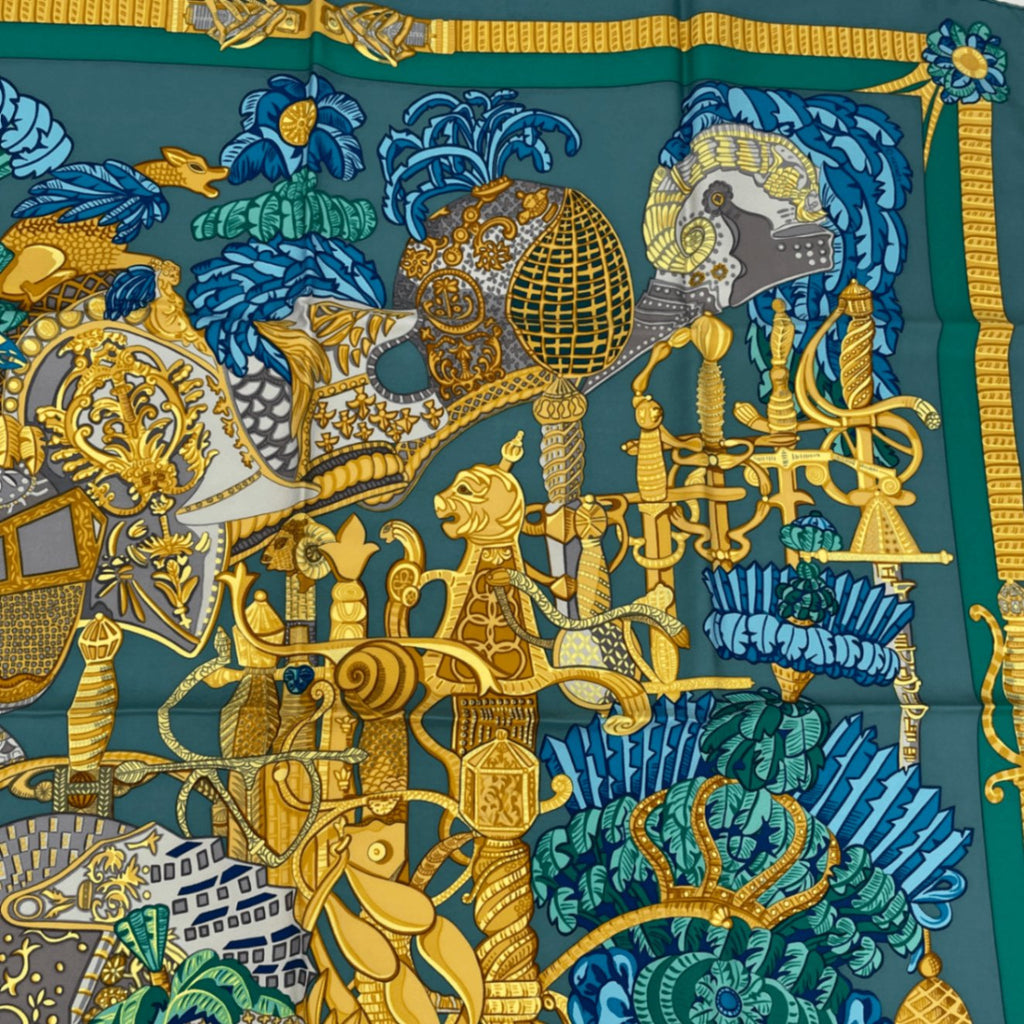 Hermes Scarf Carre 90 Armets Et Panache Feathered Cavalry Helmet Silk Blue