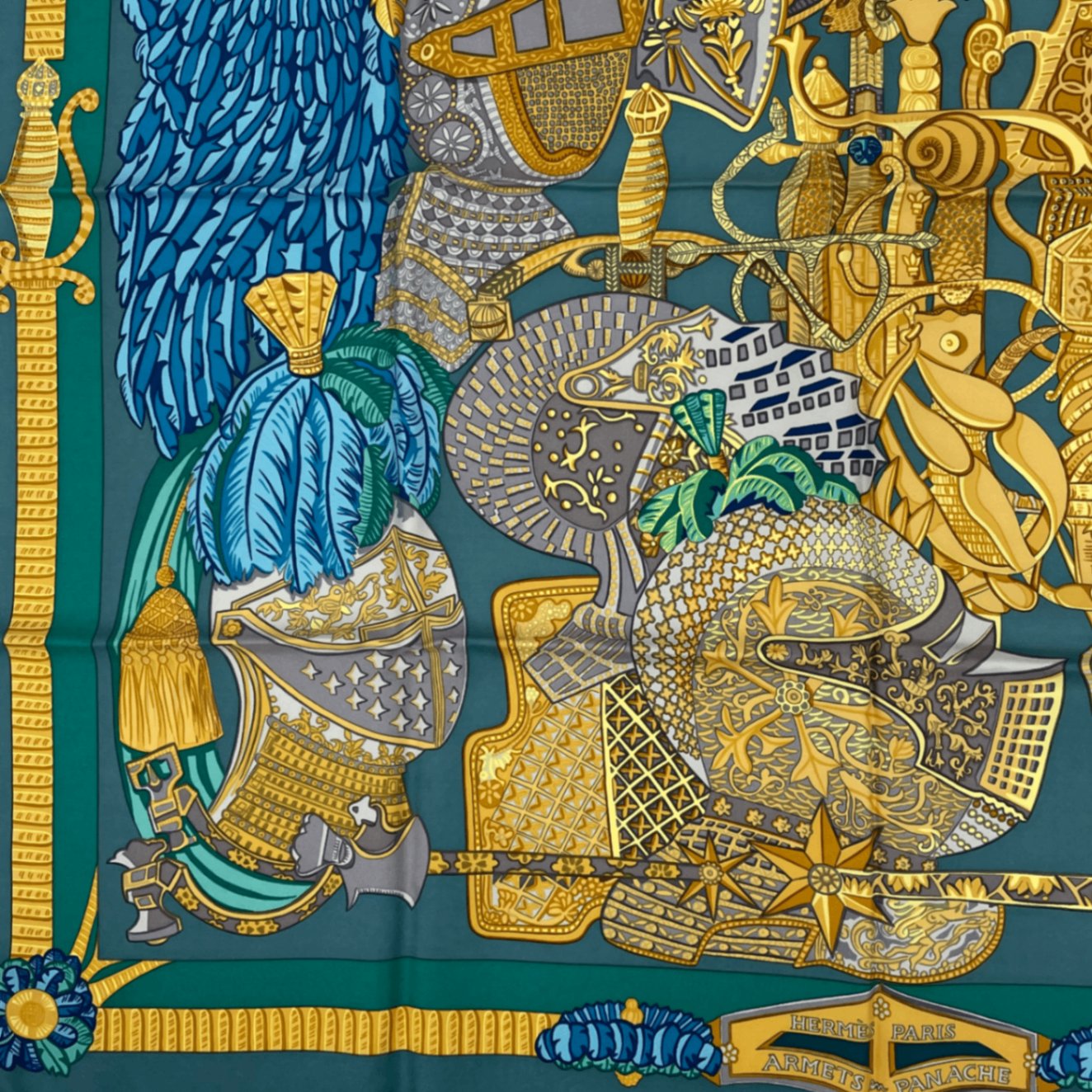 Hermes Scarf Carre 90 Armets Et Panache Feathered Cavalry Helmet Silk Blue