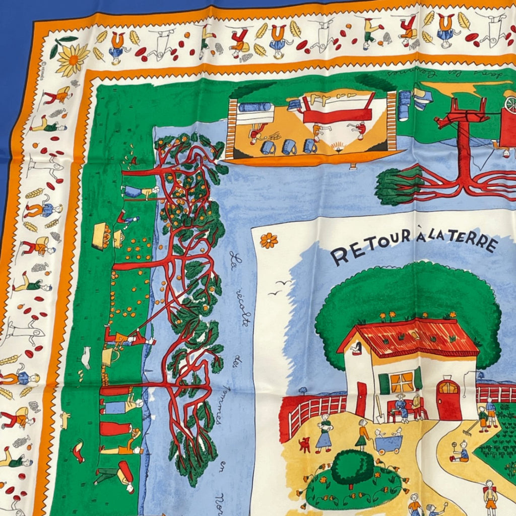 Hermes Carre 90 RE Tour A la Terre Return Silk 100% Scarf Blue