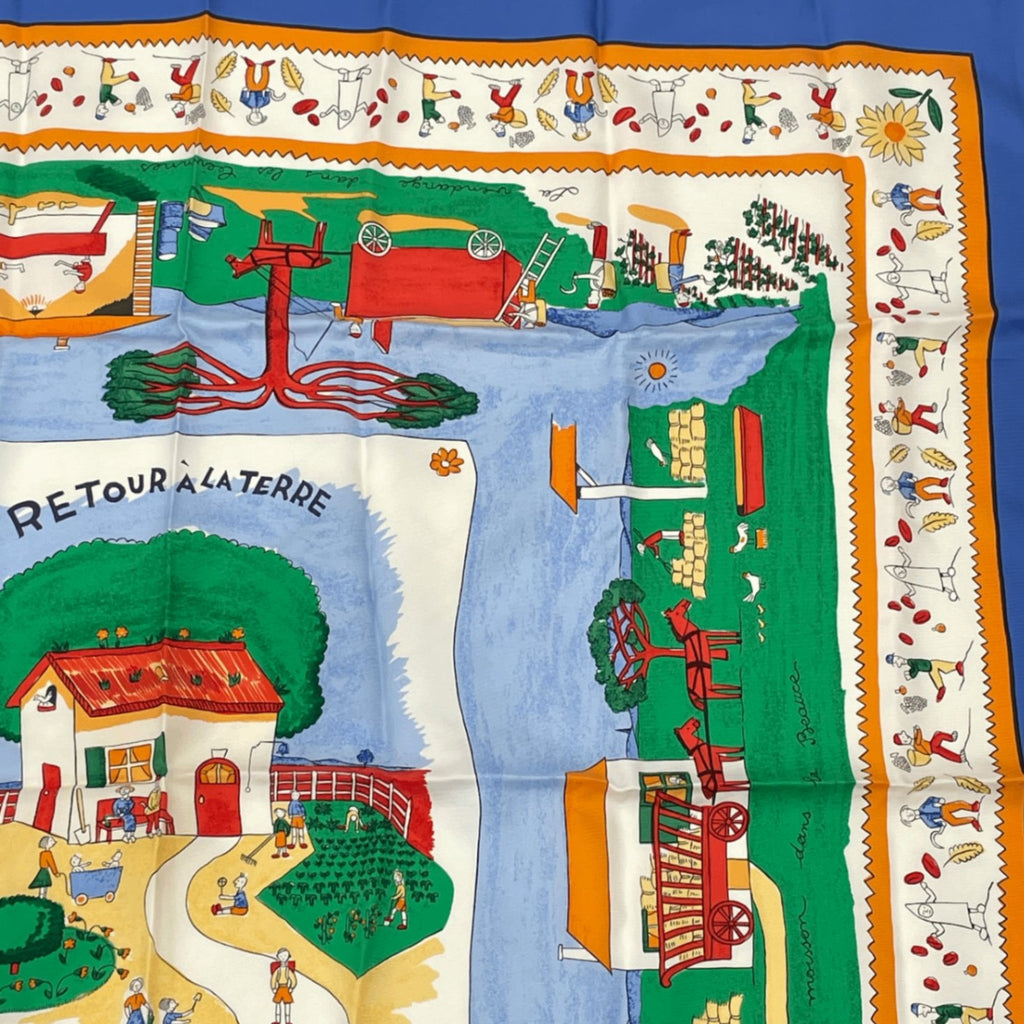 Hermes Carre 90 RE Tour A la Terre Return Silk 100% Scarf Blue