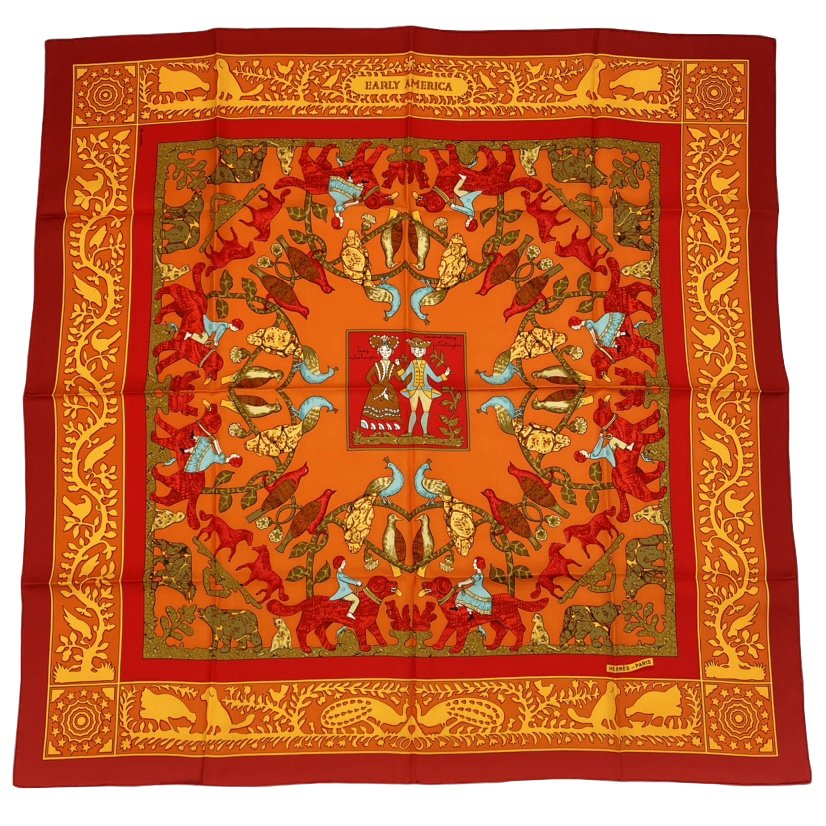 Hermes Carre 90 Early America Vintage Animal Print Scarf Silk