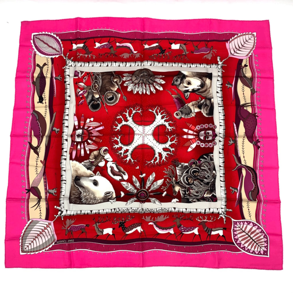 Hermes Carre 90 la Vie du Grand Nord Life In The Arctic Circle Pink Scarf Silk