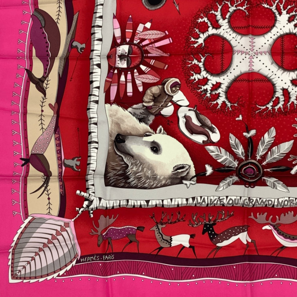 Hermes Carre 90 la Vie du Grand Nord Life In The Arctic Circle Pink Scarf Silk