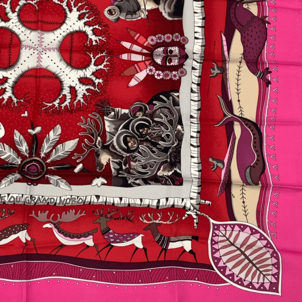 Hermes Carre 90 la Vie du Grand Nord Life In The Arctic Circle Pink Scarf Silk