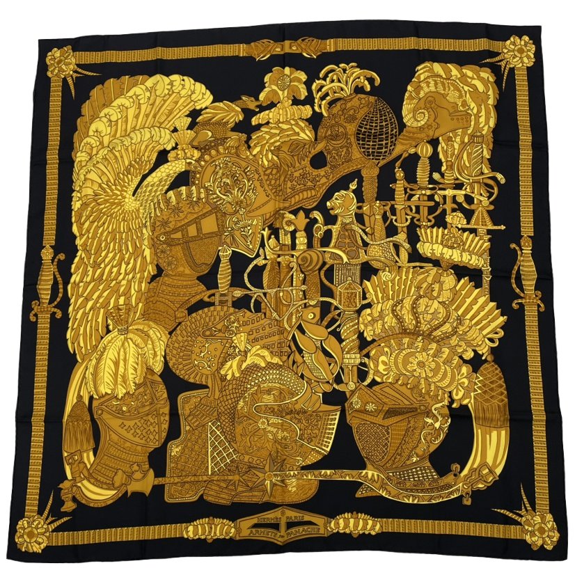 Hermes Carre 90 Armets En Panache Feathered Cavalry Helmet Black Gold Scarf Silk