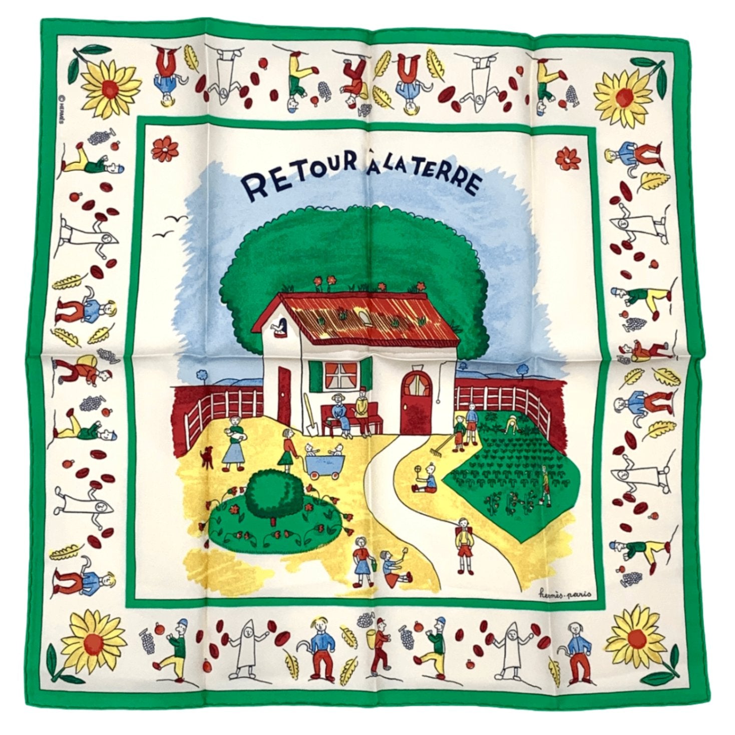 Hermes RE Tour A la Terre Return Silk 100% Scarf Green