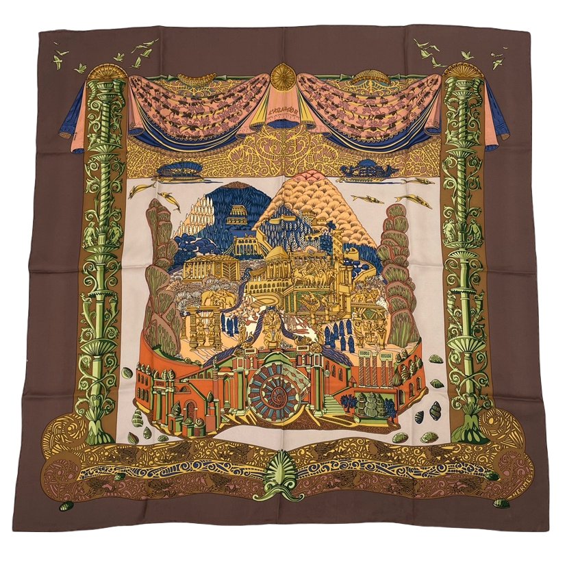 Hermes Carre 90 L Atlantide Atlantis Silk Scarf Brown